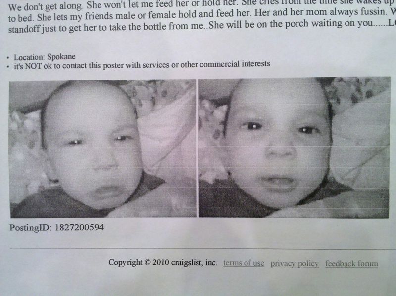 UPDATE Spokane Baby Put Up For Sale on Craigslist Spokane, North